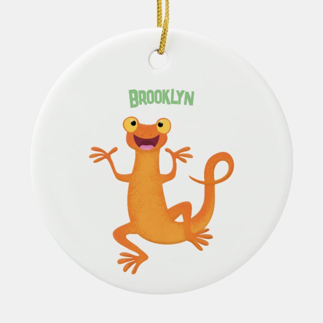 Cute happy orange dancing newt ceramic ornament (Front)