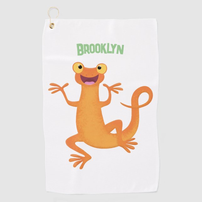 Cute happy orange dancing newt golf towel (Front)