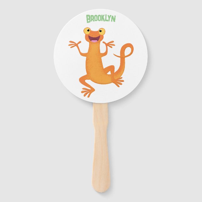 Cute happy orange dancing newt hand fan (Front)