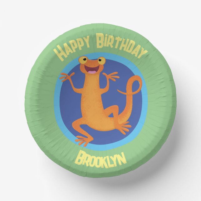 Cute happy orange dancing newt  paper plate (Front)