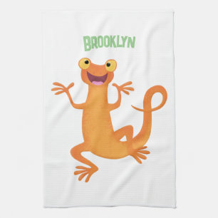 Cute happy orange dancing newt tea towel