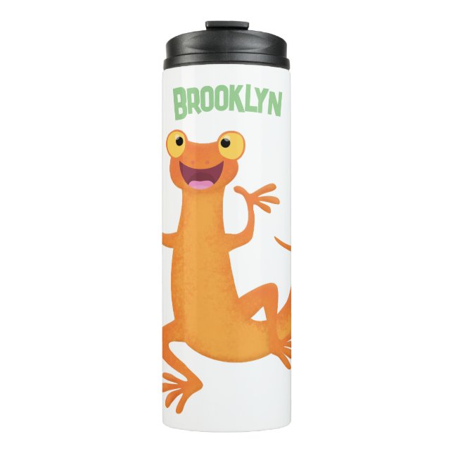 Cute happy orange dancing newt thermal tumbler (Front)