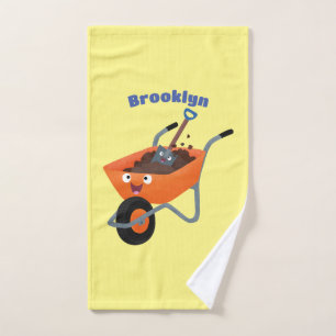 Cute happy orange wheelbarrow cartoon illustration bath towel set