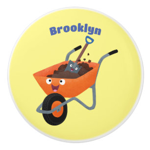 Cute happy orange wheelbarrow cartoon illustration ceramic knob