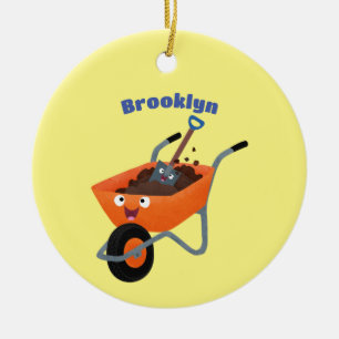 Cute happy orange wheelbarrow cartoon illustration ceramic ornament