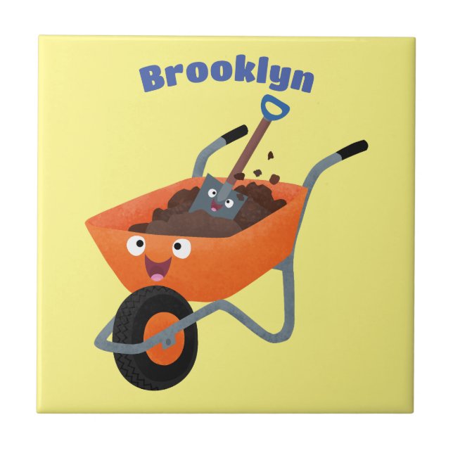 Cute happy orange wheelbarrow cartoon illustration ceramic tile (Front)