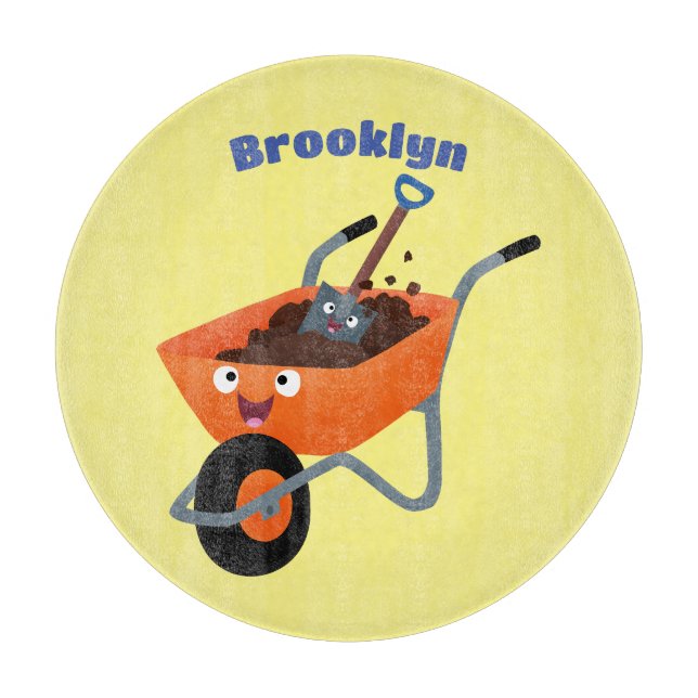 Cute happy orange wheelbarrow cartoon illustration cutting board (Front)