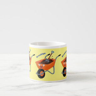 Cute happy orange wheelbarrow cartoon illustration espresso cup