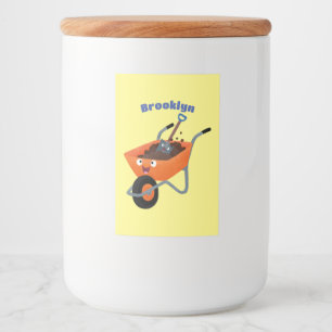 Cute happy orange wheelbarrow cartoon illustration food label