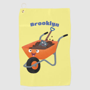Cute happy orange wheelbarrow cartoon illustration golf towel