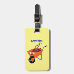 Cute happy orange wheelbarrow cartoon illustration luggage tag