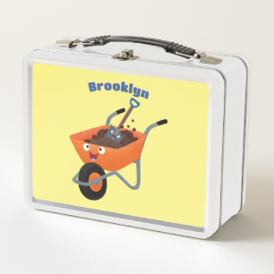 Cute happy orange wheelbarrow cartoon illustration metal lunch box