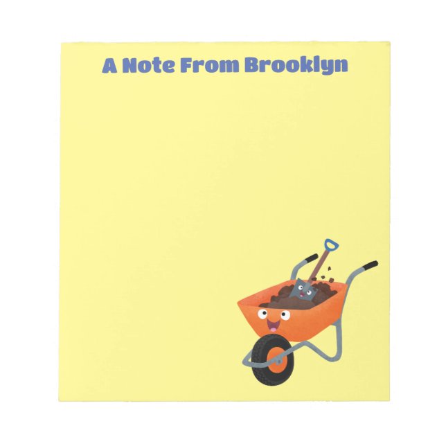 Cute happy orange wheelbarrow cartoon illustration notepad (Front)