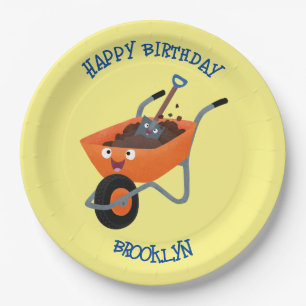 Cute happy orange wheelbarrow cartoon illustration paper plate