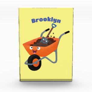 Cute happy orange wheelbarrow cartoon illustration photo block
