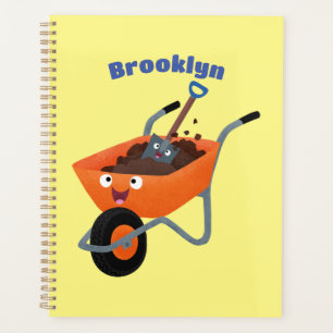 Cute happy orange wheelbarrow cartoon illustration planner