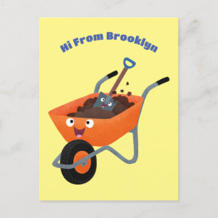 Cute happy orange wheelbarrow cartoon illustration postcard