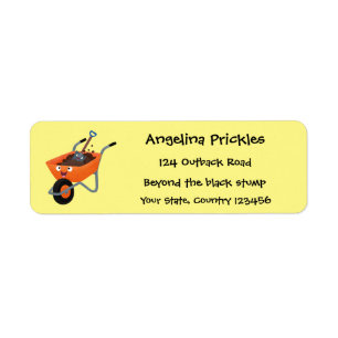 Cute happy orange wheelbarrow cartoon illustration return address label