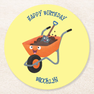 Cute happy orange wheelbarrow cartoon illustration round paper coaster