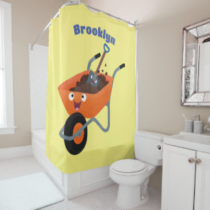 Cute happy orange wheelbarrow cartoon illustration shower curtain