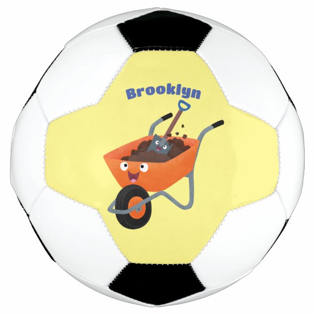 Cute happy orange wheelbarrow cartoon illustration soccer ball (Front)