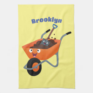 Cute happy orange wheelbarrow cartoon illustration tea towel
