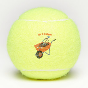 Cute happy orange wheelbarrow cartoon illustration tennis balls