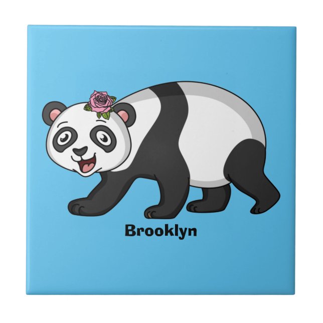 Cute happy panda bear with flower cartoon ceramic tile (Front)