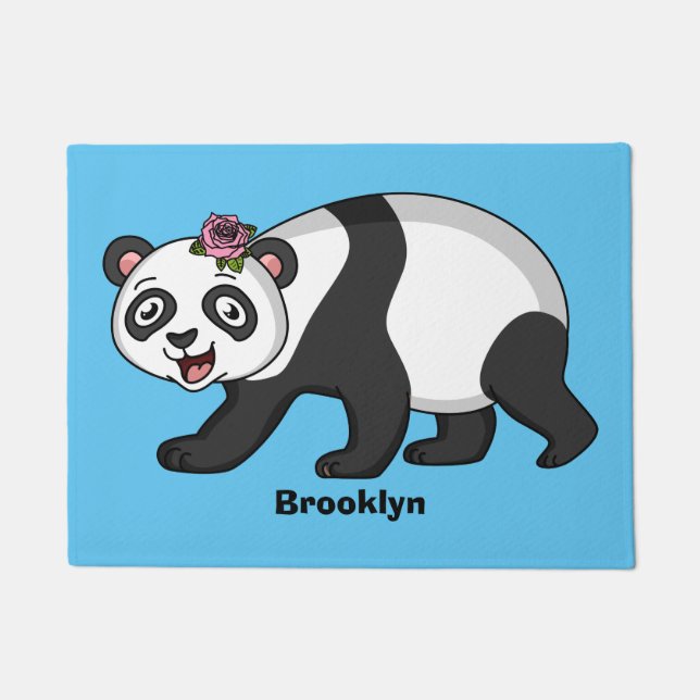 Cute happy panda bear with flower cartoon  doormat (Front)