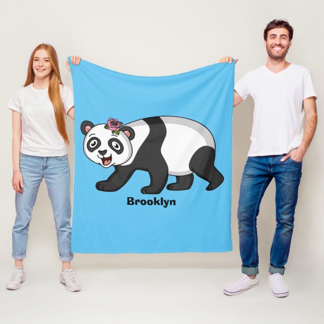 Cute happy panda bear with flower cartoon fleece blanket (In Situ)