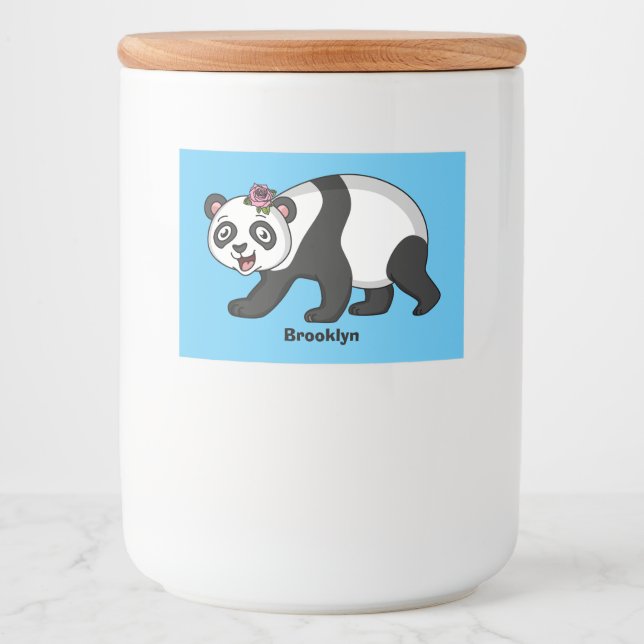 Cute happy panda bear with flower cartoon  food label (Front)