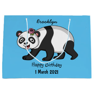 Cute happy panda bear with flower cartoon large gift bag