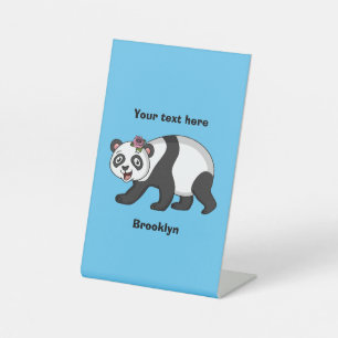 Cute happy panda bear with flower cartoon pedestal sign