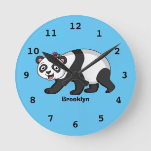 Cute happy panda bear with flower cartoon round clock