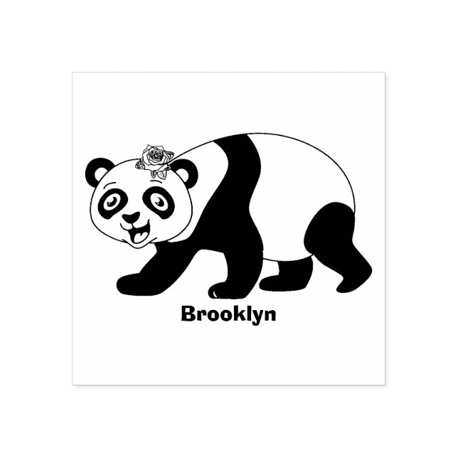Cute happy panda bear with flower cartoon rubber stamp (Imprint)