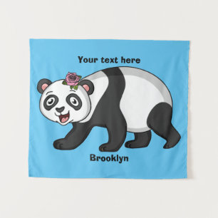 Cute happy panda bear with flower cartoon tapestry