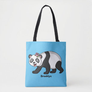 Cute happy panda bear with flower cartoon tote bag