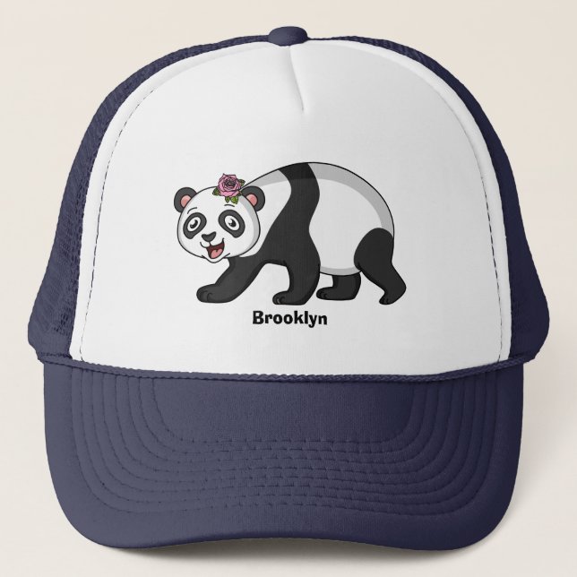 Cute happy panda bear with flower cartoon  trucker hat (Front)