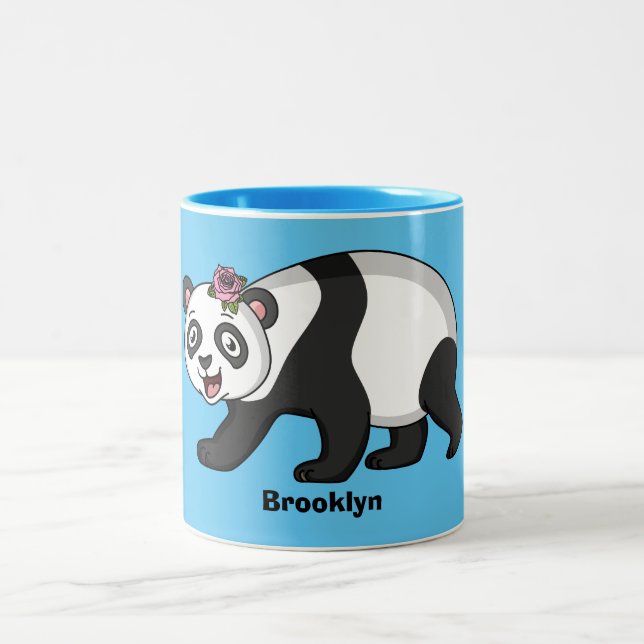 Cute happy panda bear with flower cartoon  Two-Tone coffee mug (Center)