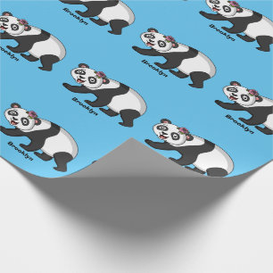 Cute happy panda bear with flower cartoon wrapping paper