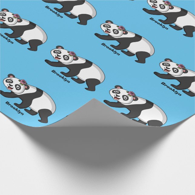 Cute happy panda bear with flower cartoon wrapping paper (Corner)