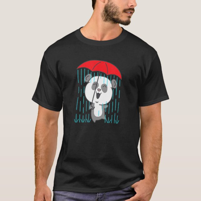 Cute Happy Panda Bear With Umbrella Getting Wet In T-Shirt (Front)