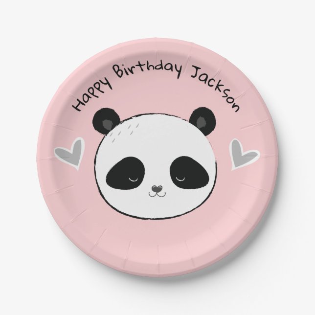 Cute Happy Panda Face Pink Party Plate (Front)