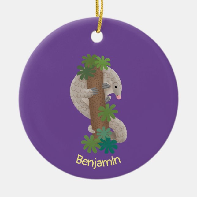 Cute happy pangolin anteater illustration ceramic ornament (Front)