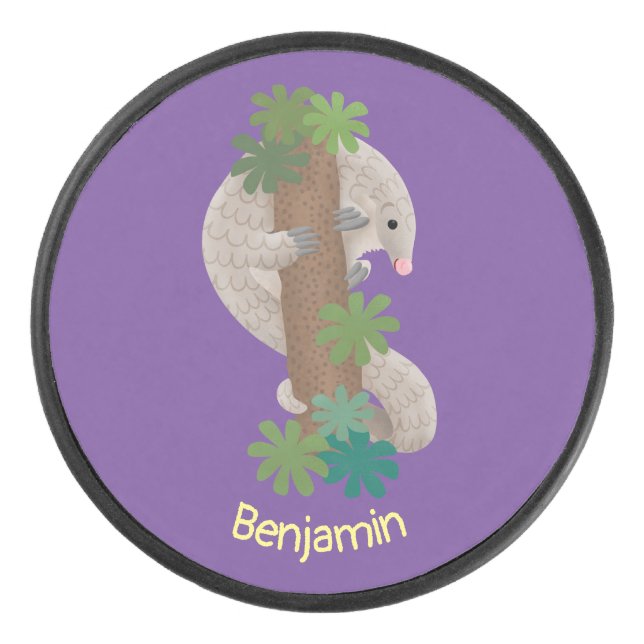 Cute happy pangolin anteater illustration hockey puck (Front)