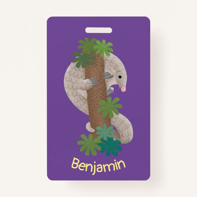Cute happy pangolin anteater illustration ID badge (Front)