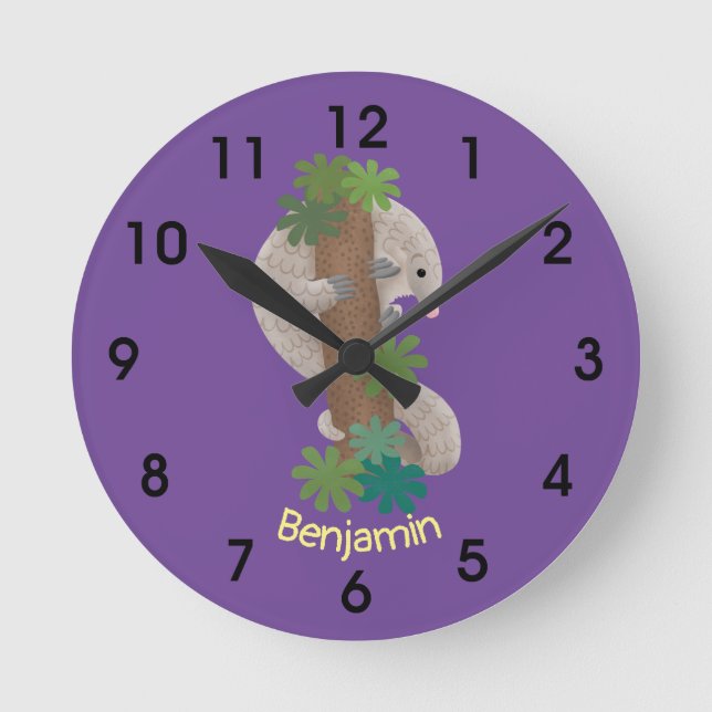 Cute happy pangolin anteater illustration round clock (Front)