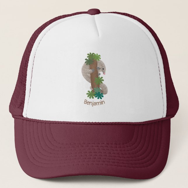 Cute happy pangolin anteater illustration trucker hat (Front)