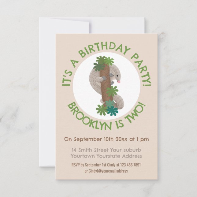 Cute happy pangolin anteater personalised birthday invitation (Front)