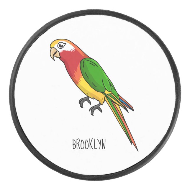 Cute happy parrot cartoon illustration hockey puck (Front)